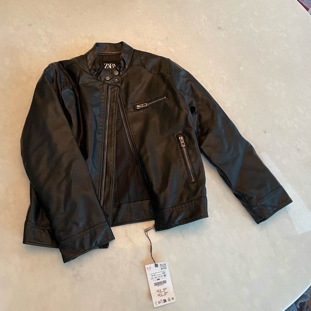 New Zara black leather jack boys 9-10